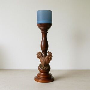 Rustic Rooster Pillar Candle Holder Dark Wood Resin Stand Farmhouse Country 16"